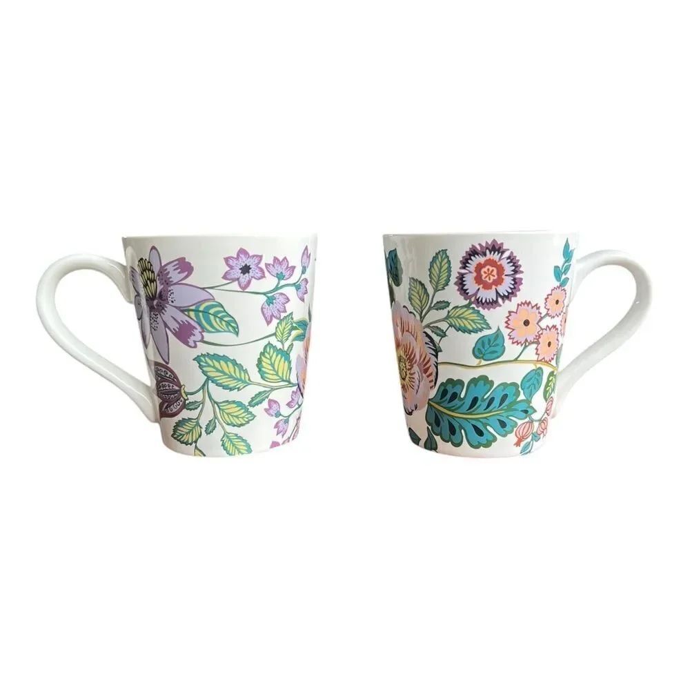 Vera Bradley Set of 2 Floral Vines Ceramic 12oz White Coffee Cups Mugs